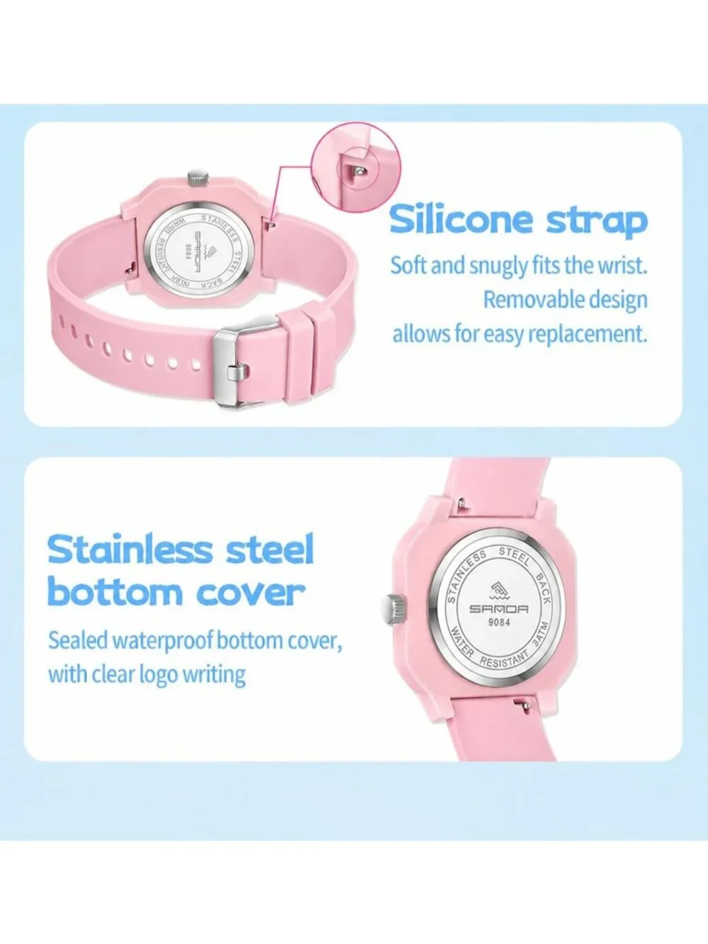 Women’s Pink Red Big Arabic Numbers Silicone Strap Analog Square Wrist Watch